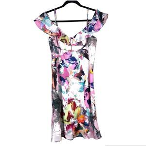 Black Halo Lolah Floral Slip Dress Cold Shoulder Ruffle Butterfly Garden Print 6